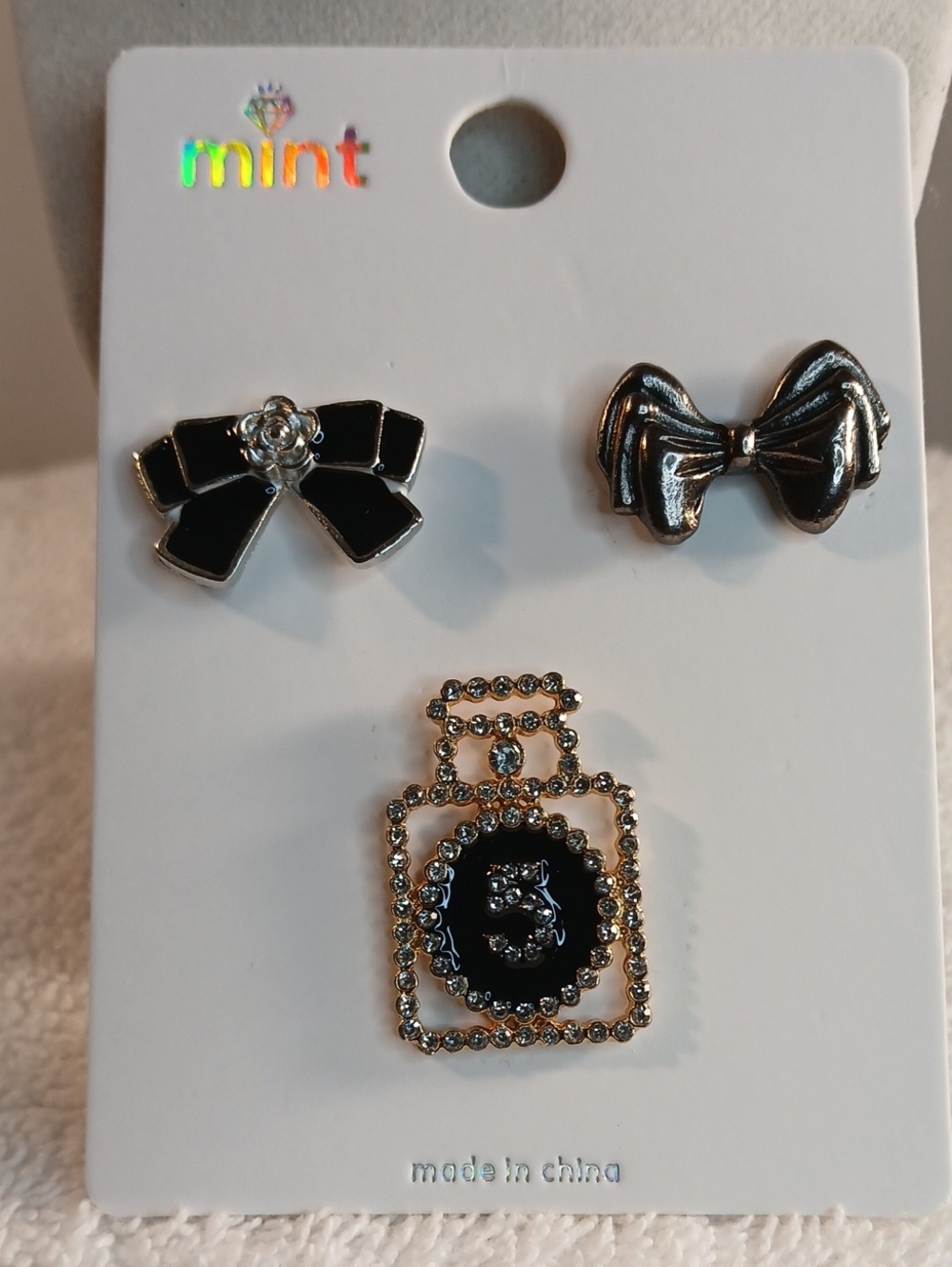 Mint Black Enamel Bow and Rhinestone Perfume Pin Trio